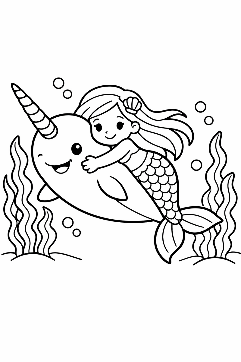 A mermaid hugging the neck of a friendly narwhal with a long spiral horn as the two swim past drifting seaweed coloring page