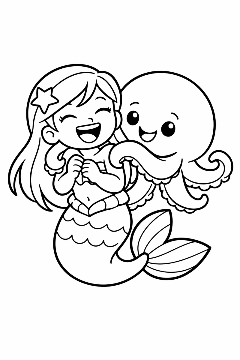 A mermaid laughing as a friendly round octopus wraps two of its curly arms gently around her shoulders coloring page