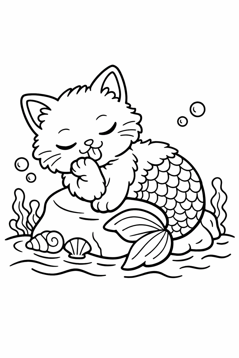 A cute purrmaid, a fluffy kitten with a fish tail instead of hind legs, curled up on a small rock washing one paw coloring page