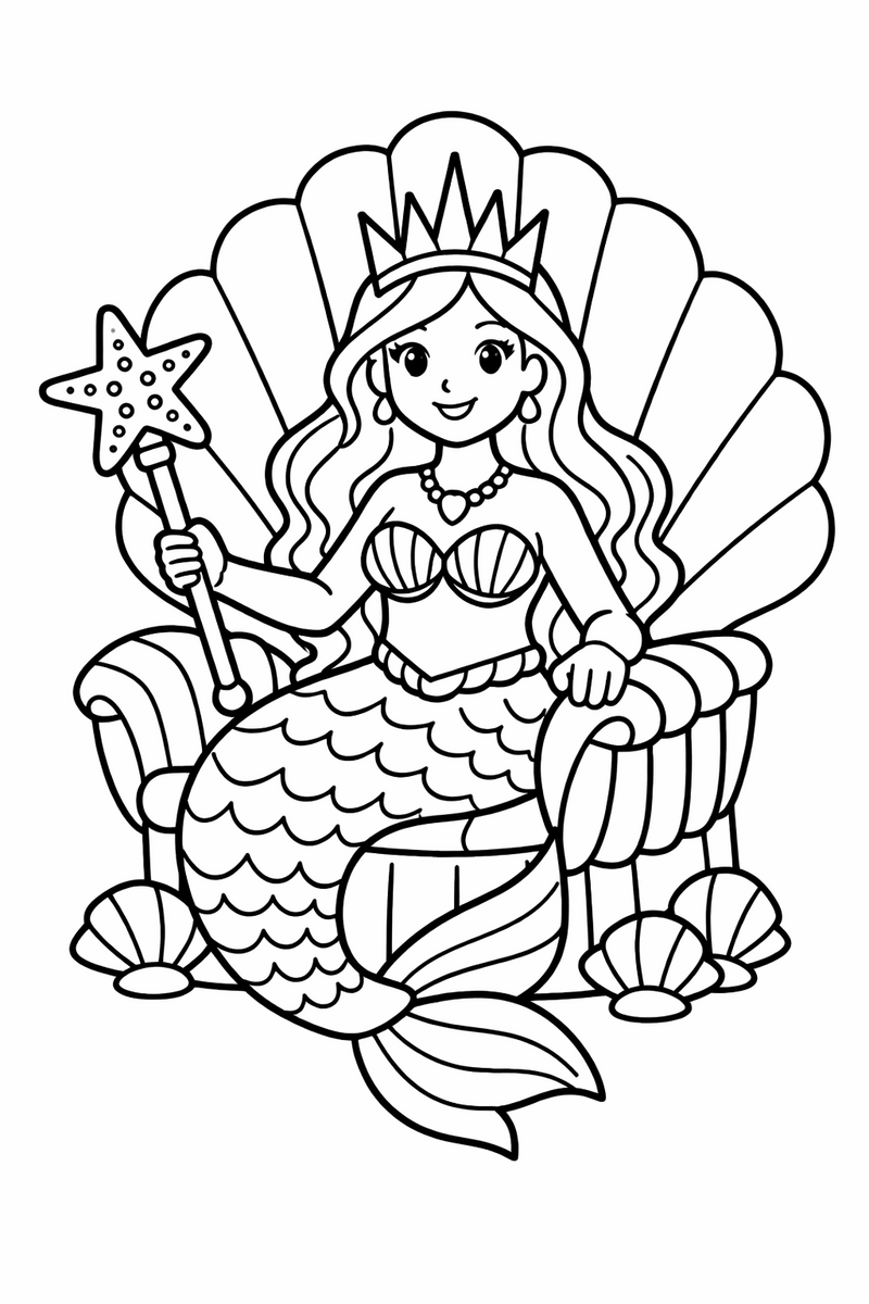 A mermaid queen sitting on a throne built of scallop shells with a tall pointed crown on her head and a starfish sceptre in her hand coloring page