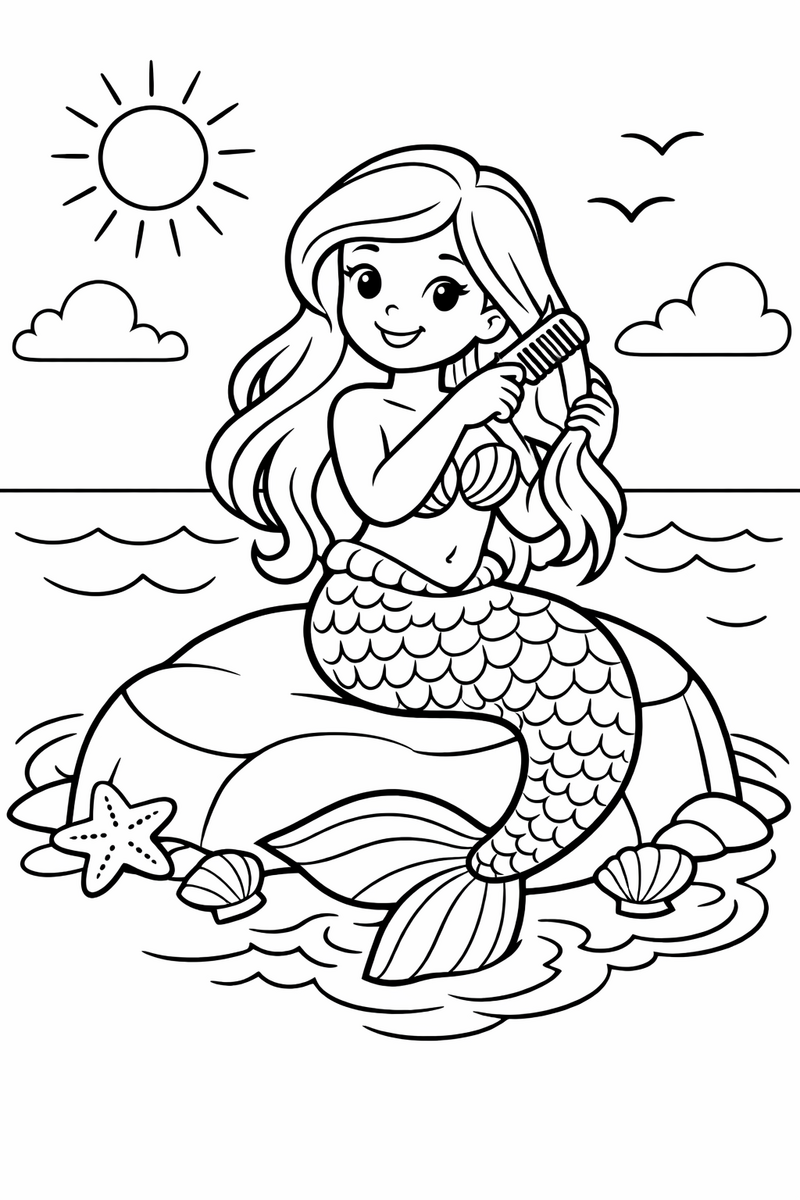 A smiling mermaid sitting on a big smooth rock at the shore combing her long wavy hair while her curved tail dips into the waves coloring page