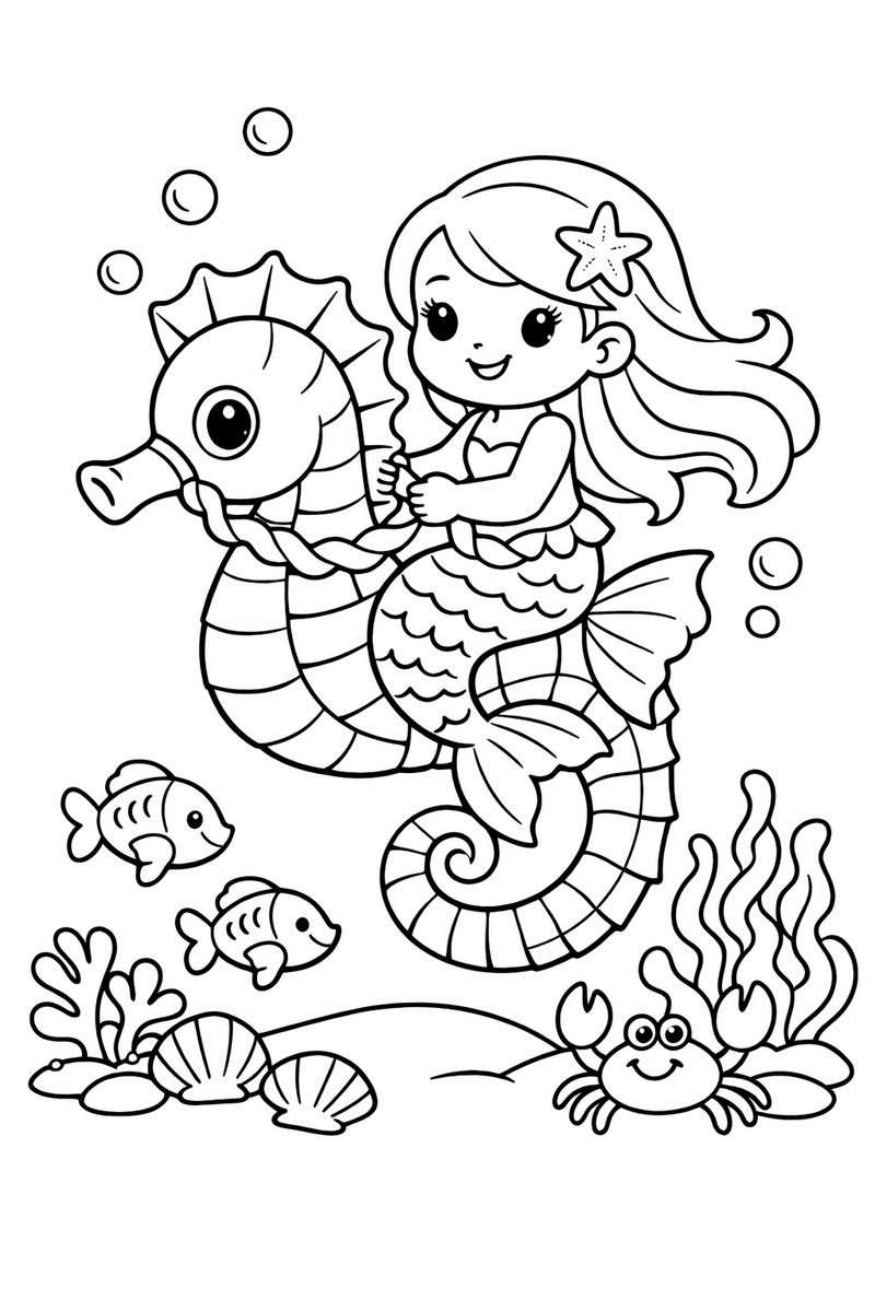 A mermaid riding a curly tailed seahorse like a pony and holding a ribbon of seaweed as reins coloring page