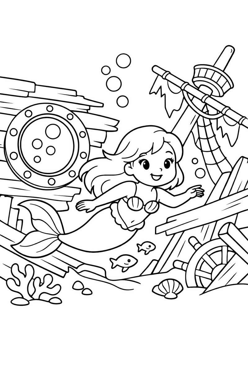 A mermaid swimming through the broken deck of a sunken sailing ship with a round porthole and a tilted mast around her coloring page