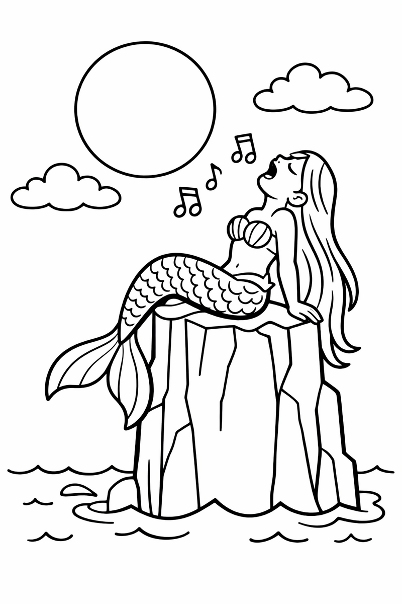 A mermaid perched on a tall rock singing up at the full moon with her head tilted back and her long hair falling down the stone coloring page