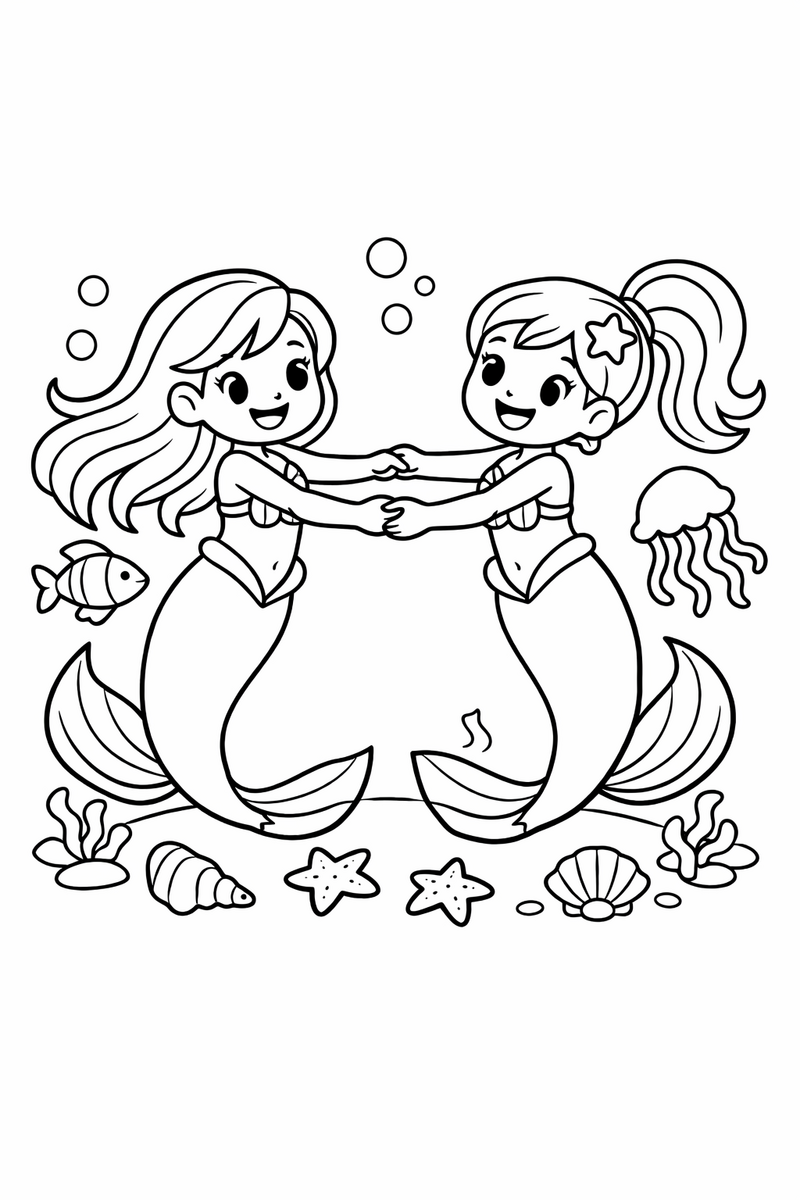 Two mermaid sisters holding both hands and spinning in a circle underwater with their long tails curving in opposite directions coloring page