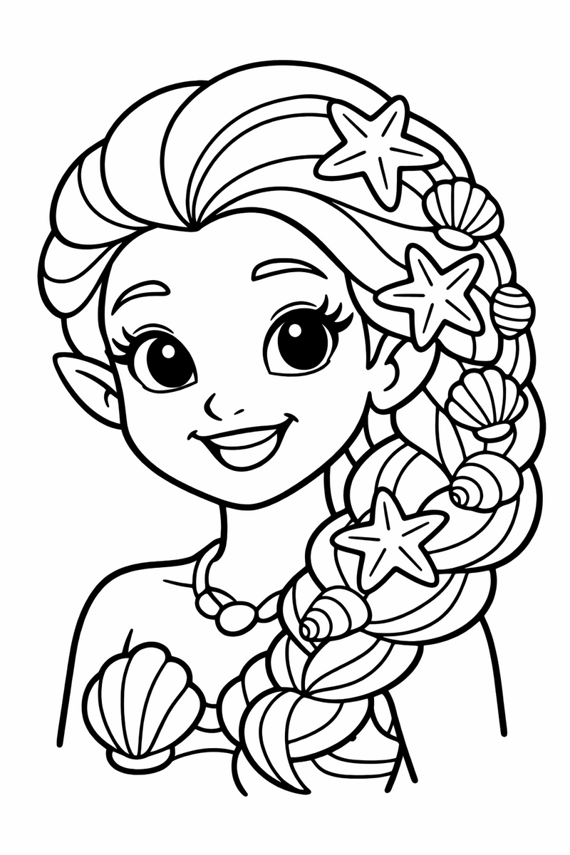 A close portrait of a smiling mermaid with starfish and small shells tucked into her thick braided hair coloring page