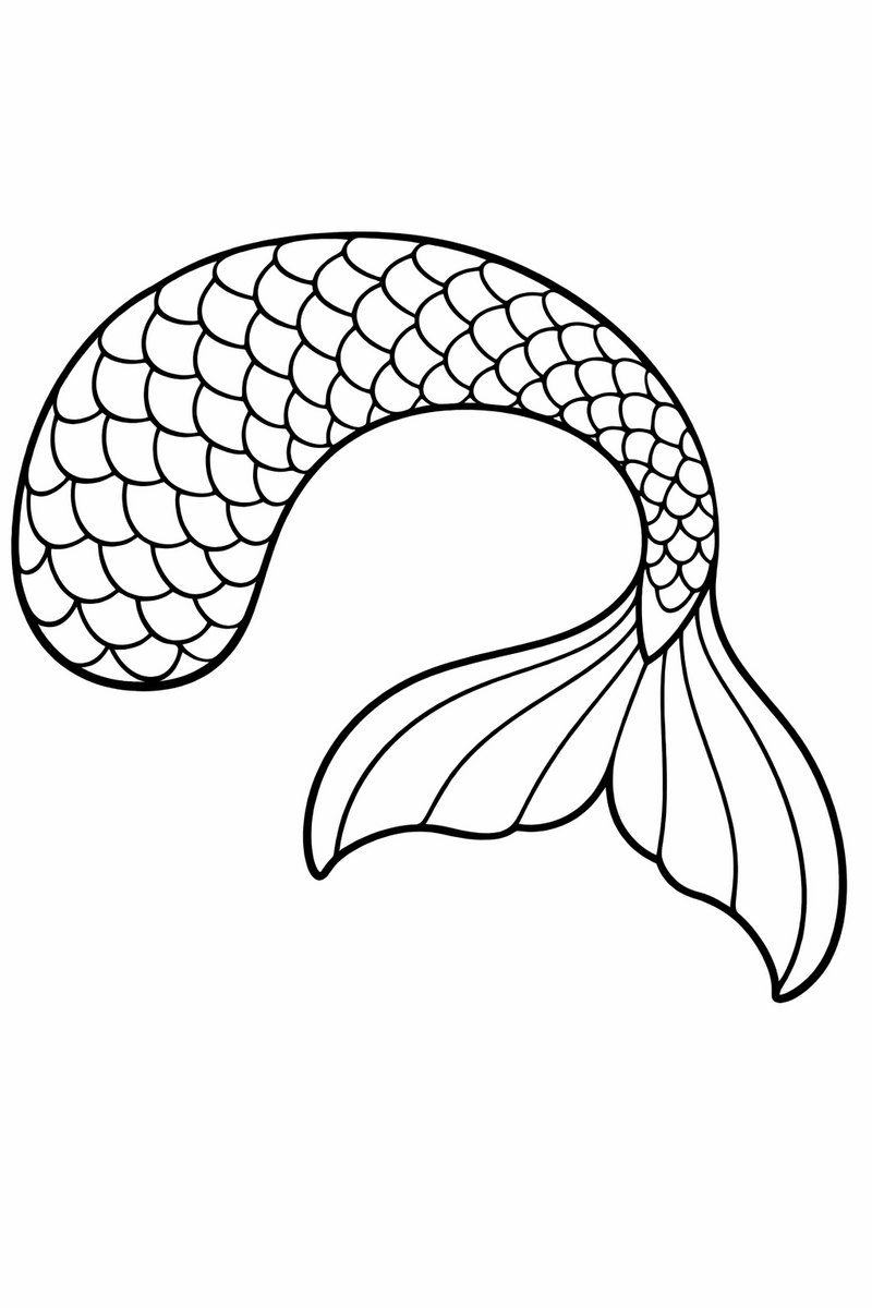 A close up of a mermaid tail curving right across the page with every overlapping scale outlined and a wide fanned fin at the tip coloring page