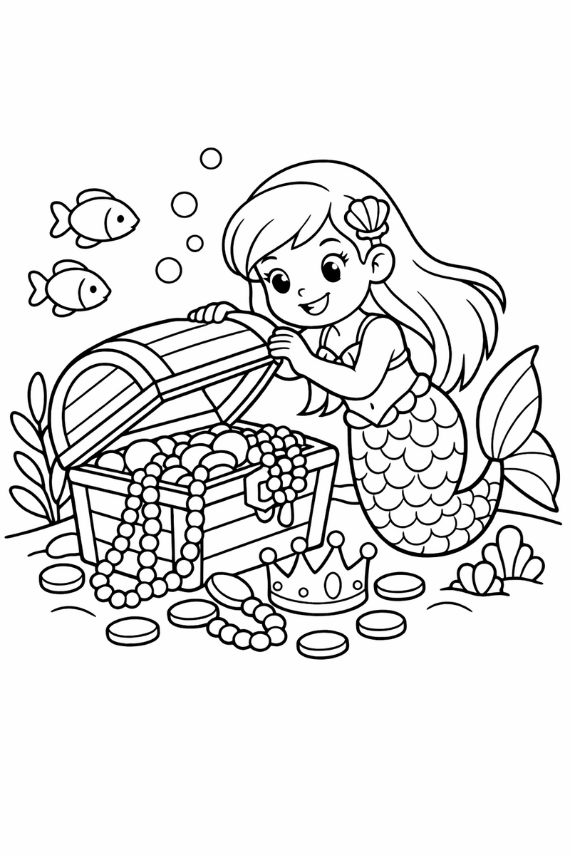 A mermaid lifting the lid of a wooden treasure chest on the sea floor while necklaces, coins and a small crown spill out over the sand coloring page