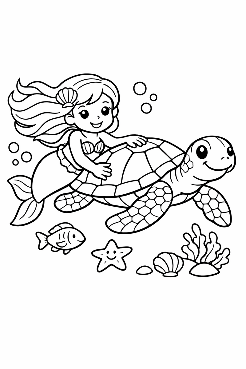 A mermaid gliding along beside a large sea turtle with one hand resting on its patterned shell coloring page