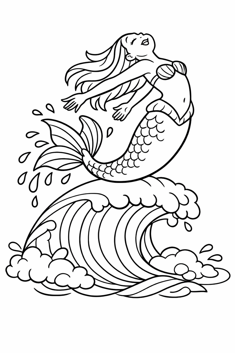 A mermaid arching high out of a curling wave with her arms thrown back and drops of water flying from the fin of her tail coloring page