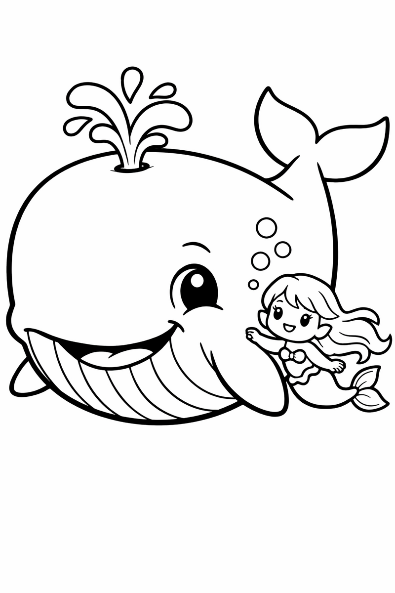 A small mermaid swimming beside an enormous gentle whale and looking tiny next to its huge smiling face coloring page