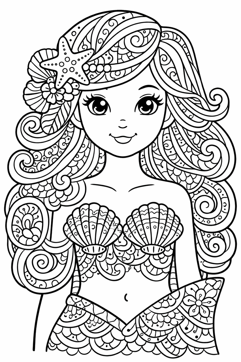 A zentangle mermaid portrait filled with dense decorative patterns, paisley scales, swirl filled hair and a patterned shell top coloring page
