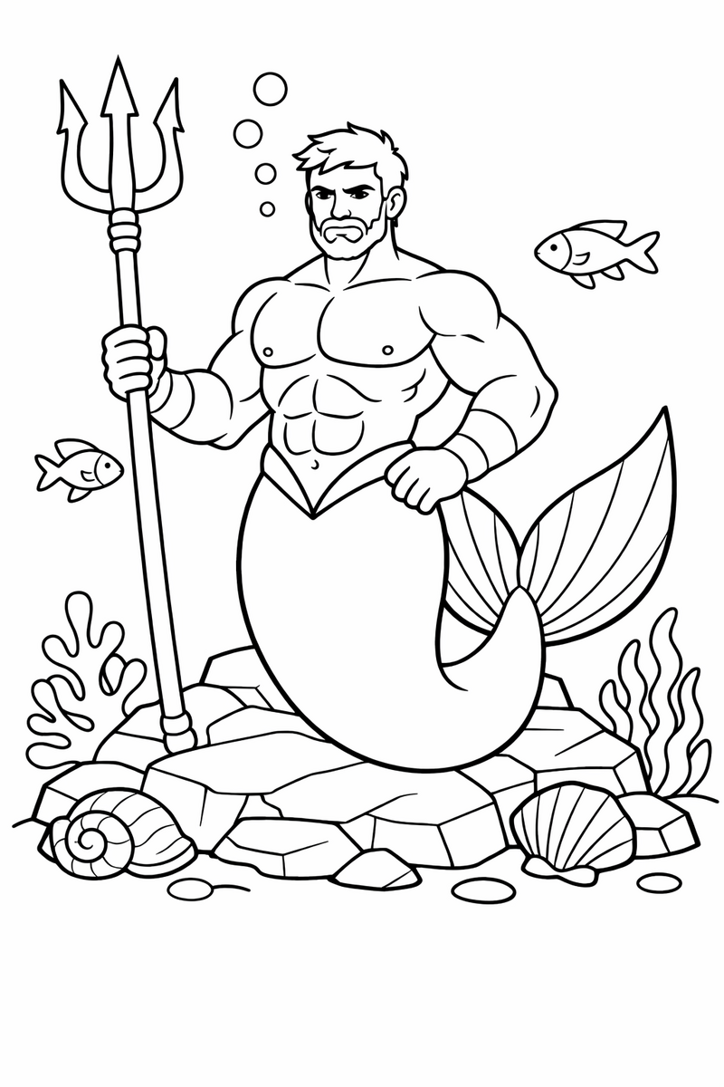 A strong merman with a short beard and a long three pronged trident standing guard on a rocky reef with his broad tail braced behind him coloring page