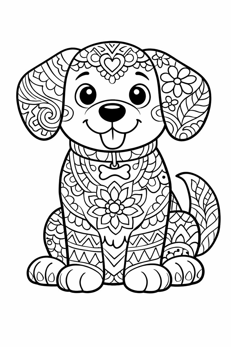 An intricate sitting cartoon dog whose fur is filled with detailed decorative patterns coloring page