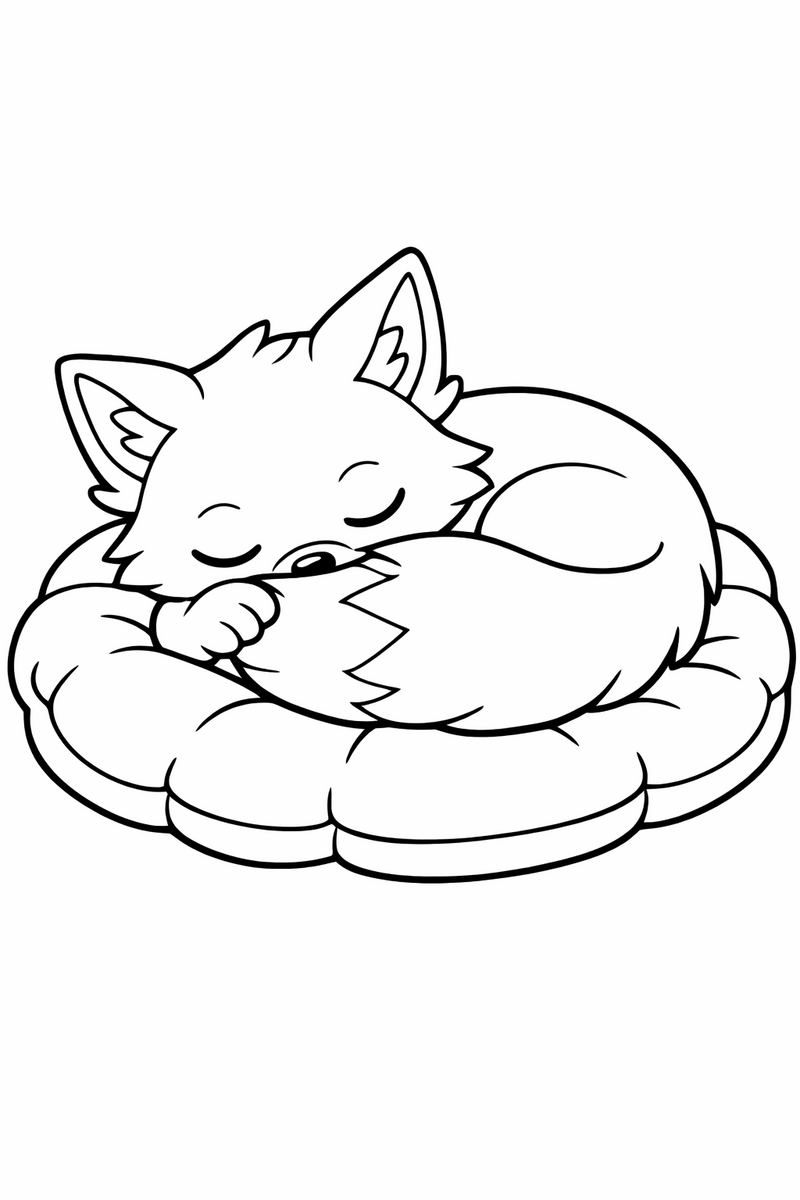 A sleepy Eevee brown fox curls up asleep on a soft cushion, its bushy tail wrapped snugly over its little nose coloring page