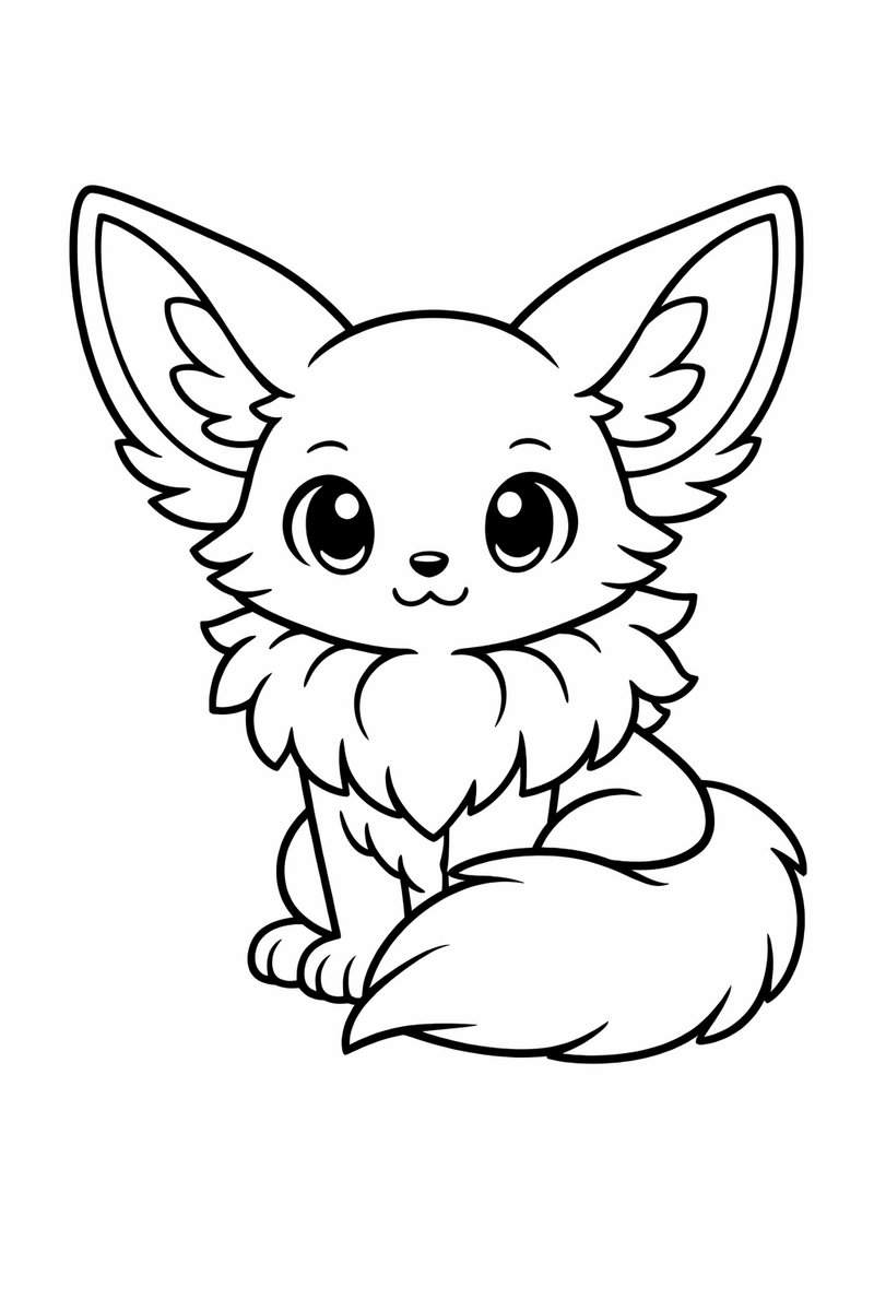 A fluffy brown Eevee fox creature sits with its bushy collar puffed out and its tail curled neatly around its little paws coloring page