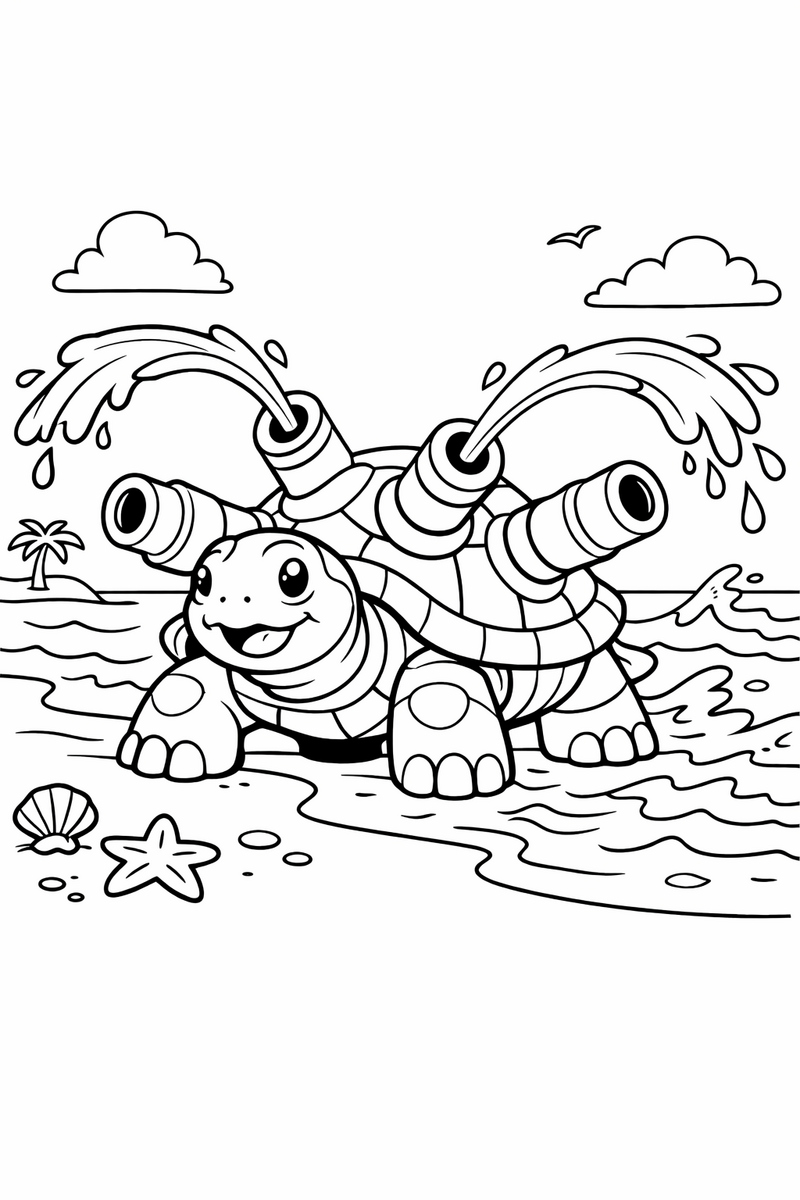 A big Blastoise cannon turtle stands at the shore firing playful arcs of water from its shell cannons out over the waves coloring page