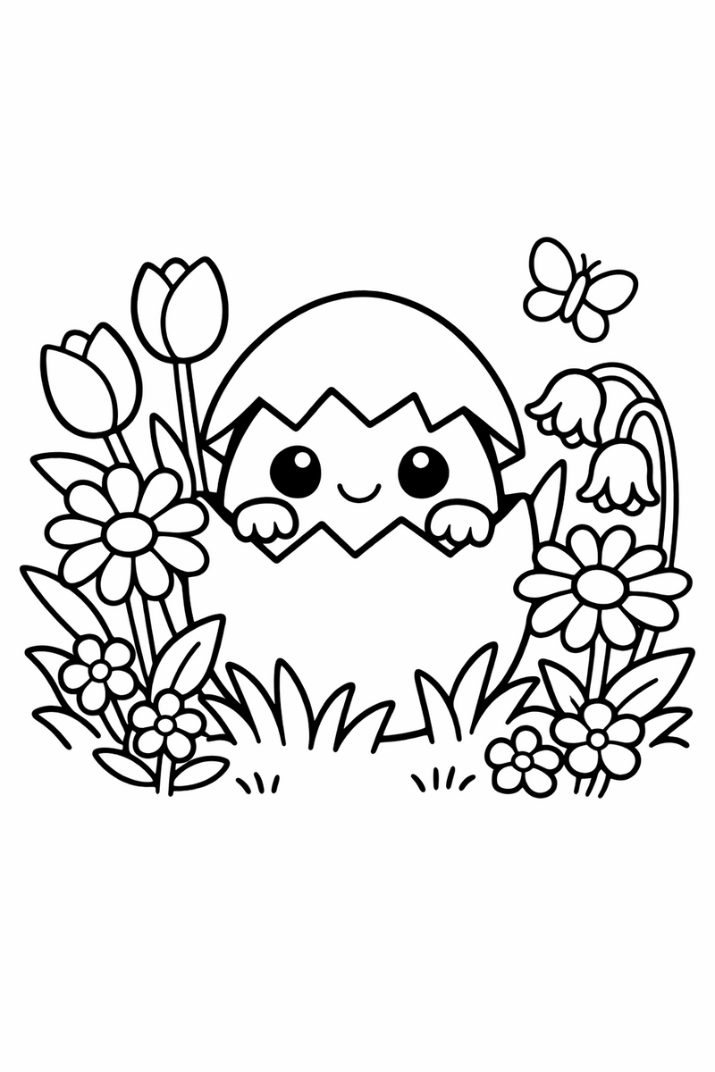 A little Togepi egg fairy peeks out of a cracked shell nestled among spring flowers and blades of soft grass coloring page