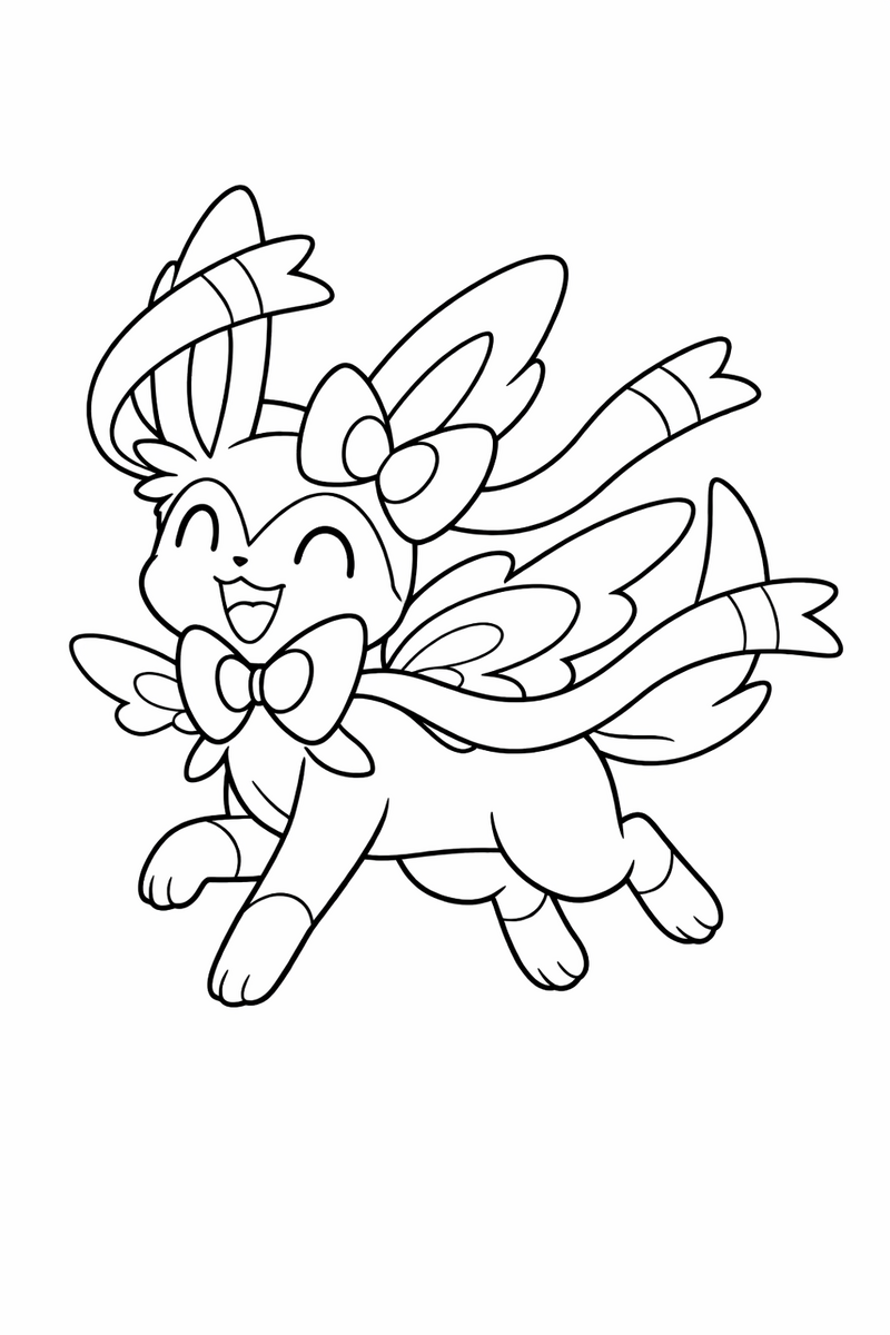 A dainty Sylveon fairy fox bounds lightly with a happy smile, its long ribbon feelers and looping bows trailing behind coloring page