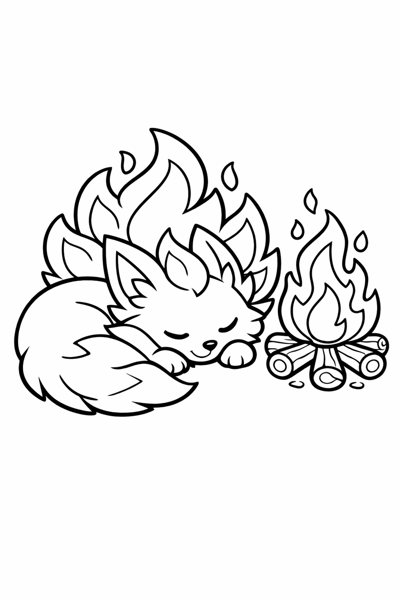 A cozy Flareon fire fox curls up beside a crackling campfire, its fluffy flame-shaped mane glowing in the warm light coloring page