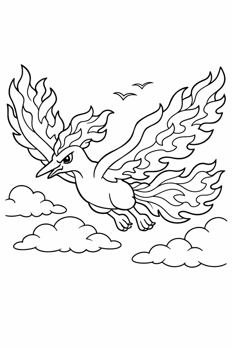 A fiery Moltres flame bird glides through the sky, its wings and long plume tail flowing outward like dancing flames coloring page