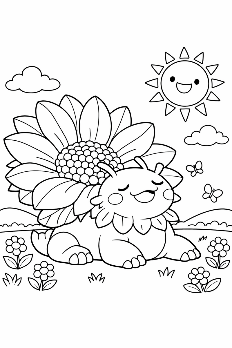 A huge Venusaur flower creature basks in an open field while the enormous bloom on its back turns wide toward the sun coloring page