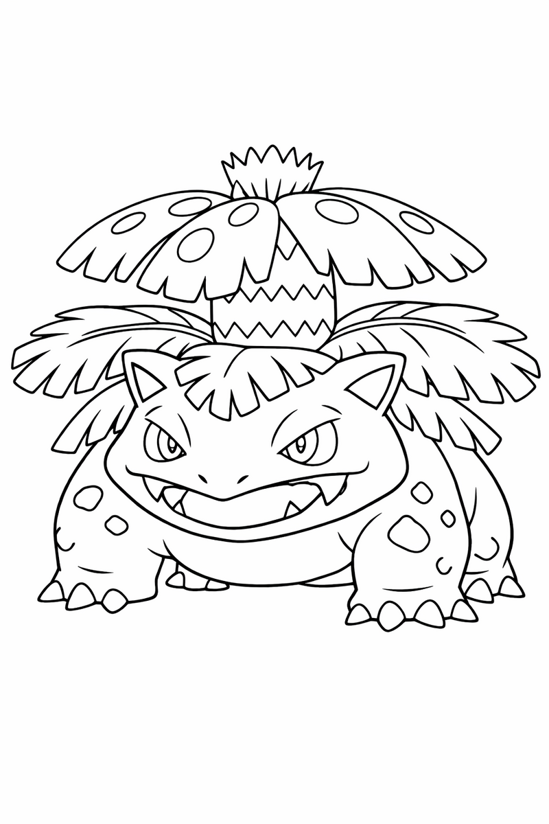 A huge Venusaur seed creature stands tall carrying a fully bloomed giant flower and broad spreading leaves across its back coloring page