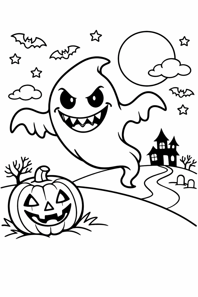 A grinning ghost creature floats over a moonlit hill beside a glowing carved pumpkin on a delightfully spooky night coloring page