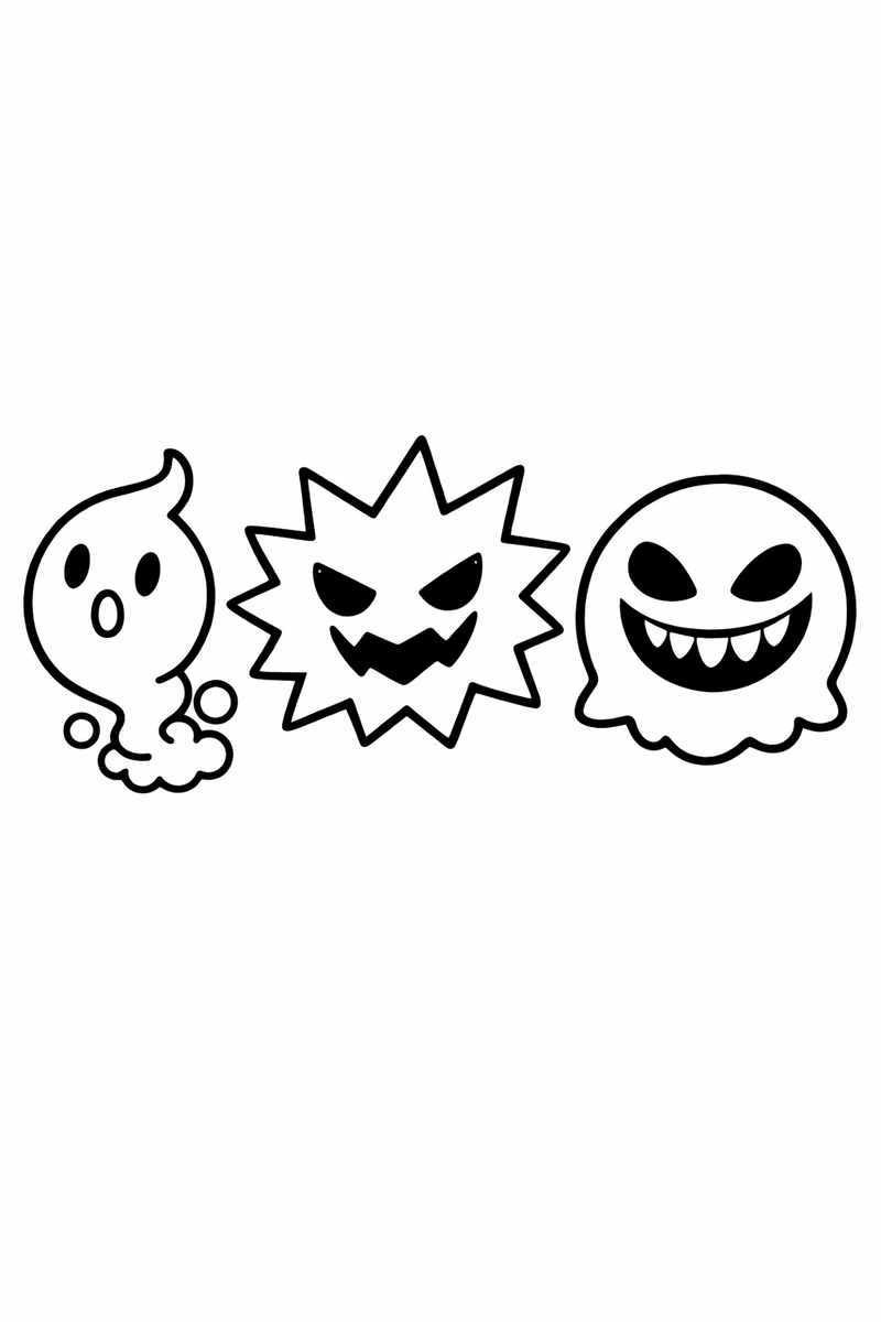 Three ghost creatures float together in a row, from a small gas ball to a spiky floating shape to a round grinning shadow coloring page