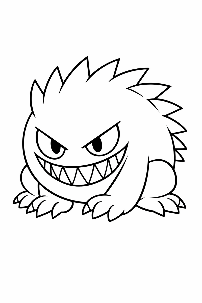 A round Gengar shadow creature crouches playfully, spiky ridges down its back and a wide mischievous grin across its face coloring page