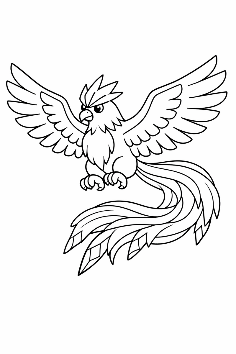 A majestic Articuno ice bird spreads its wings in flight, a flowing crest above its head and long streaming tail feathers coloring page