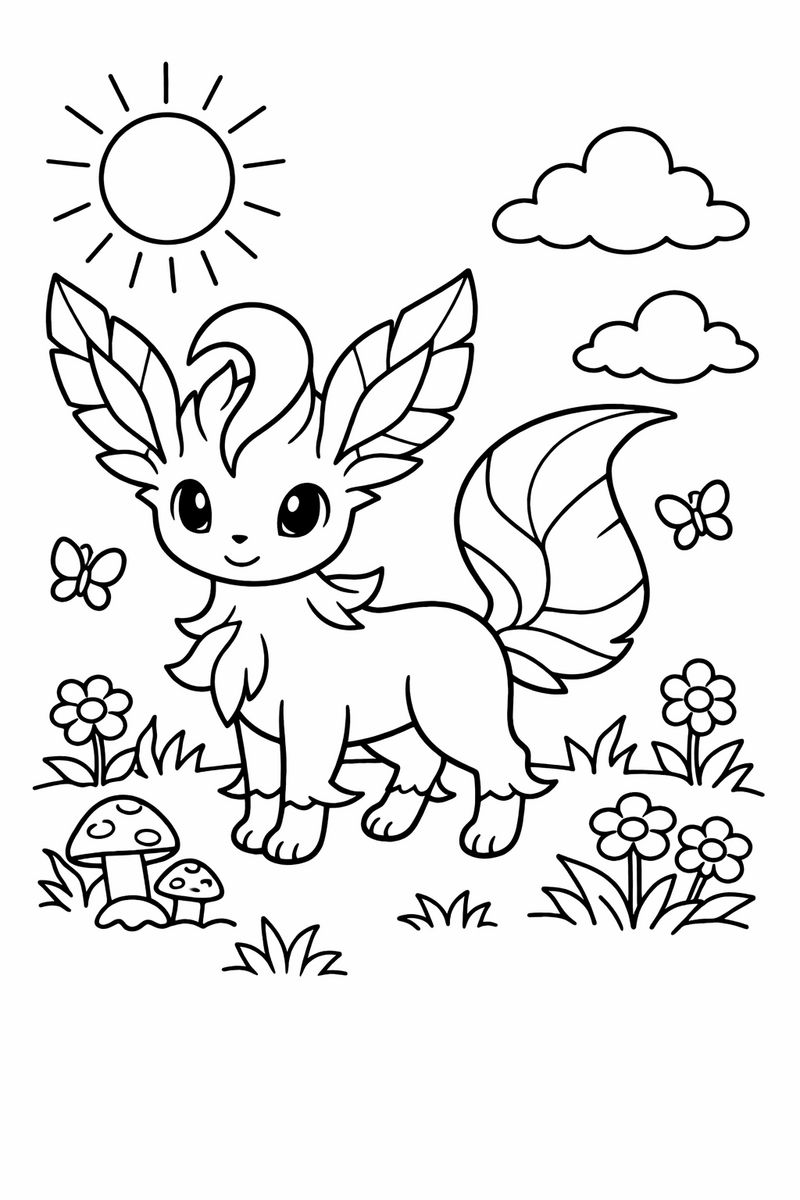 A graceful Leafeon leaf fox stands in a sunny meadow, sprouting leaves along its ears and a broad leafy tail behind it coloring page