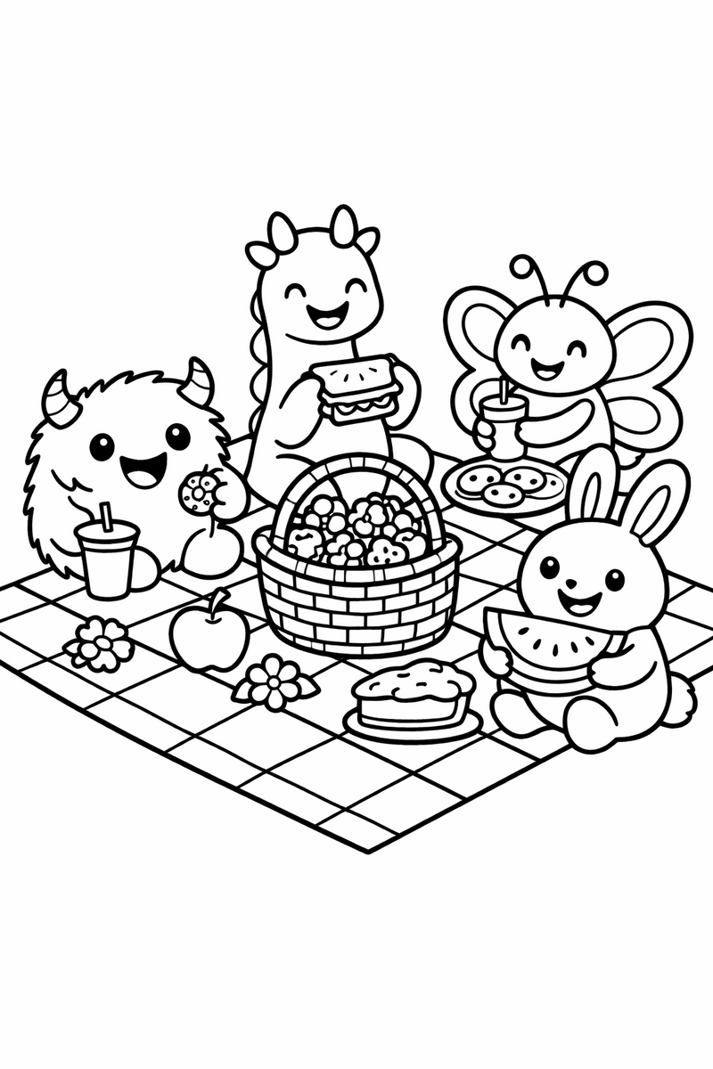A group of cheerful creatures shares a picnic on a checkered blanket, a basket of round berries set out between them coloring page