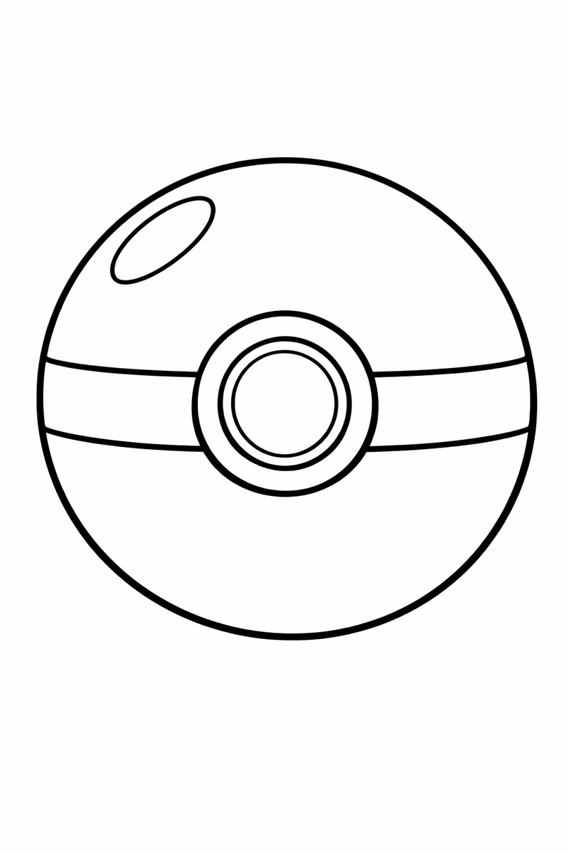 A round Poke Ball sits ready to toss, a wide center band splitting its top and bottom around one big round center button coloring page
