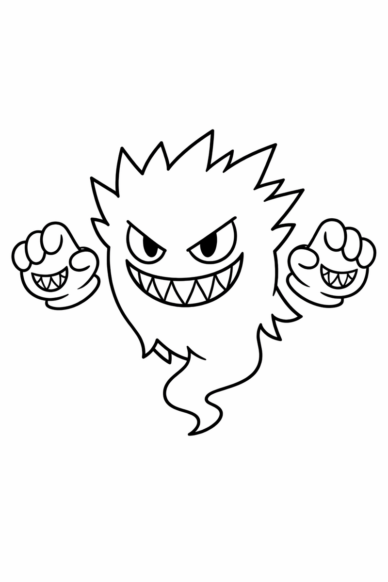 A floating Haunter ghost drifts with its spiky purple body and two detached hands, flashing a sly toothy grin in the dark coloring page