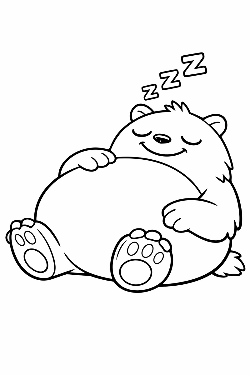 A huge round Snorlax leans back fast asleep, its enormous belly rising softly and a peaceful smile on its resting face coloring page