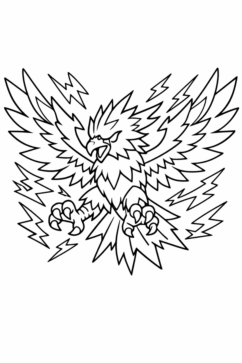 A bold Zapdos thunder bird soars with open wings, its jagged spiky feathers flaring out and crackling with electricity coloring page