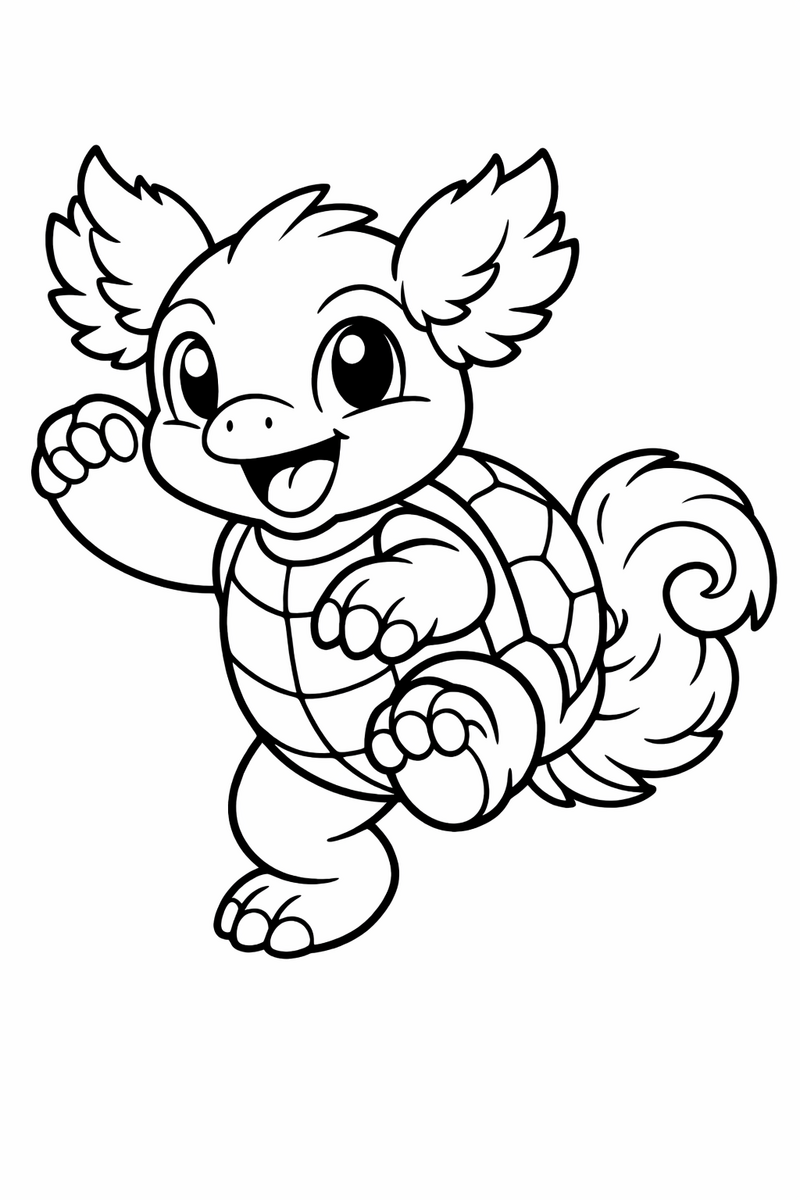 A spirited Wartortle blue turtle strikes a playful pose, fluffy tufts by its ears and a furry tail curling up behind its shell coloring page