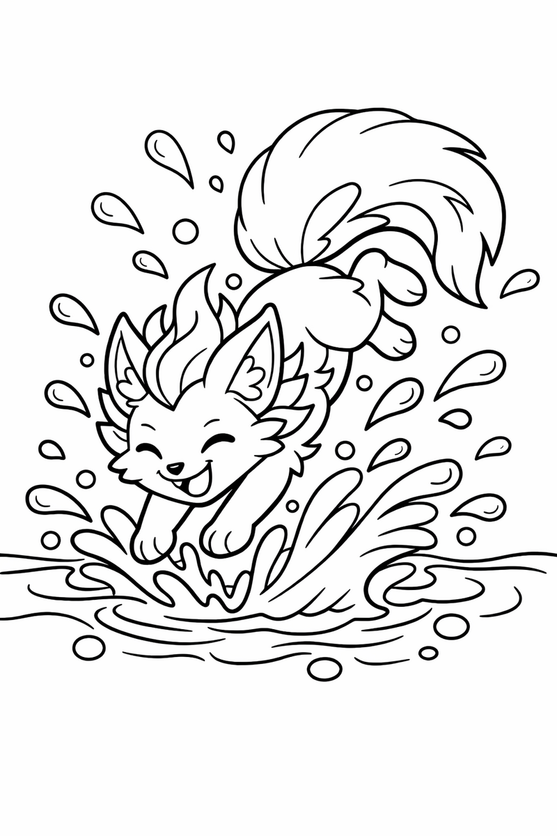 A joyful Vaporeon water fox splashes and dives through a clear pool, bright droplets arcing in curves all around it coloring page
