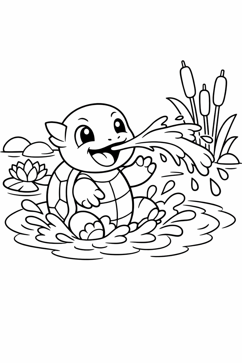 A playful Squirtle blue turtle squirts a stream of water from its mouth while splashing happily in a shallow pond coloring page