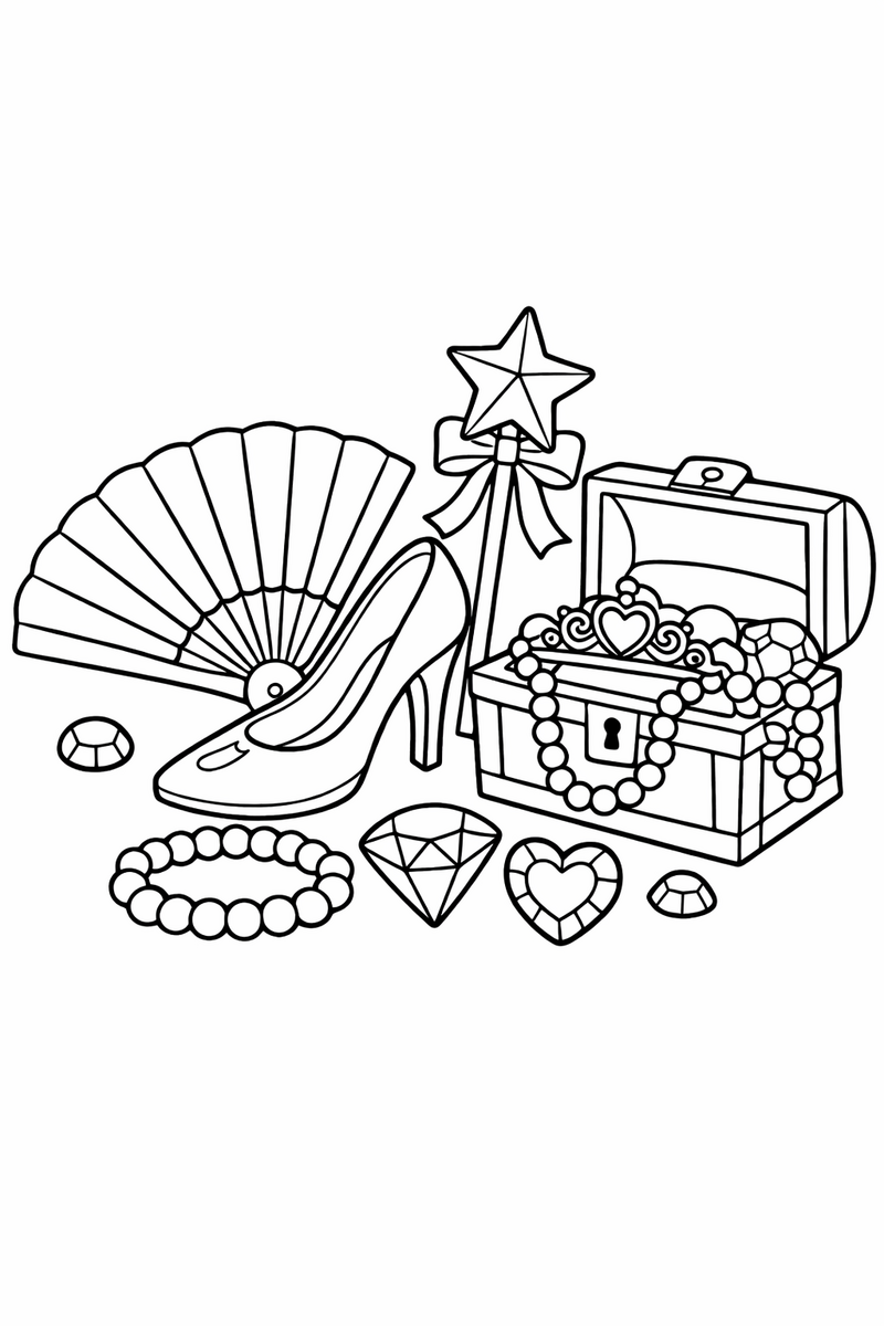 A collection of princess treasures laid out together with a glass slipper a folding fan a star wand and an open jewel box coloring page