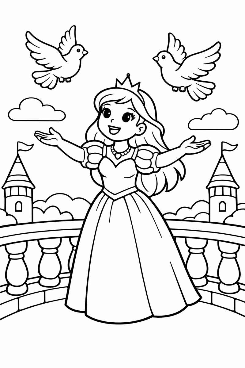 A princess standing on a stone balcony opening her hands to release two doves into the sky coloring page