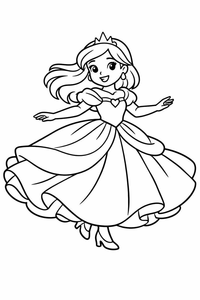 Dibujo de una princesa girando con un gran vestido de baile para colorear