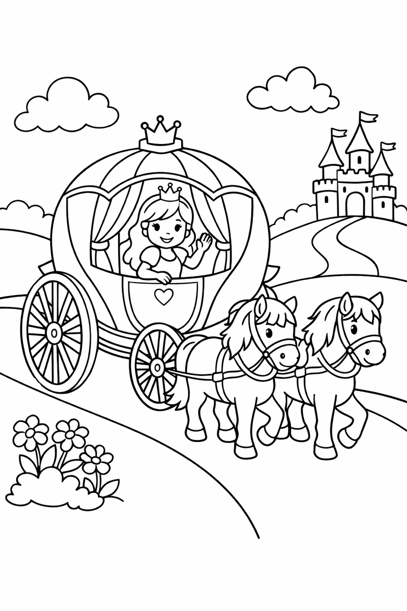A princess riding inside a fancy round carriage with tall spoked wheels pulled by two horses along a path coloring page