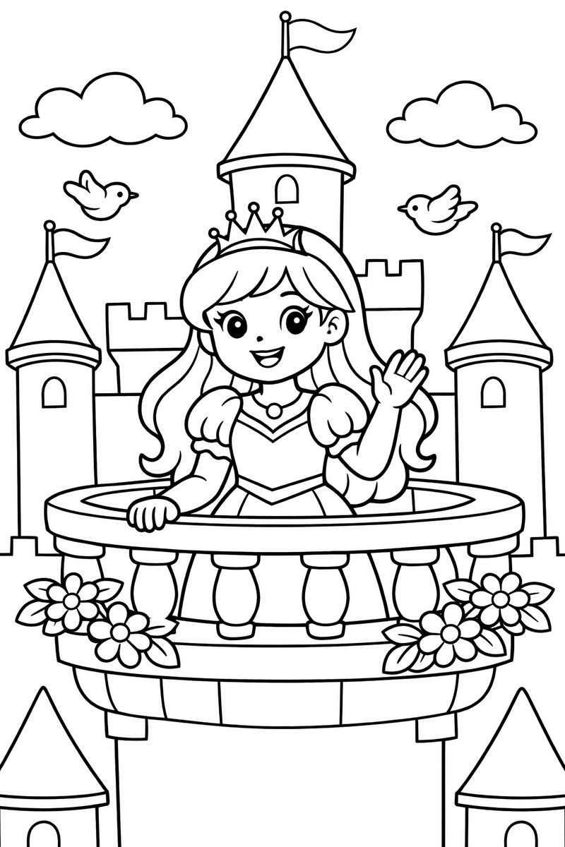 Dibujo de una princesa saludando desde el balcón de su castillo para colorear
