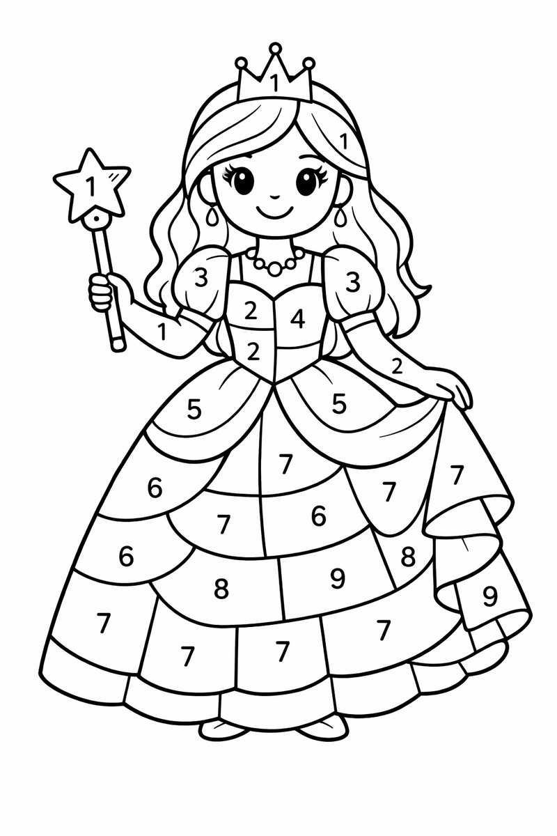 A princess in a gown split into many numbered sections each little region marked with a digit for a color by number picture coloring page