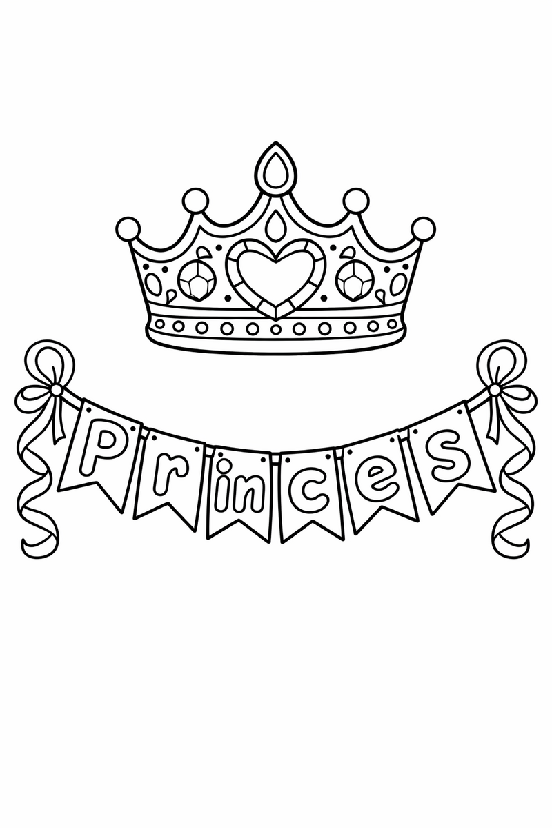 A decorative banner spelling out Princess hanging from two curling ribbons beneath a large jeweled crown coloring page
