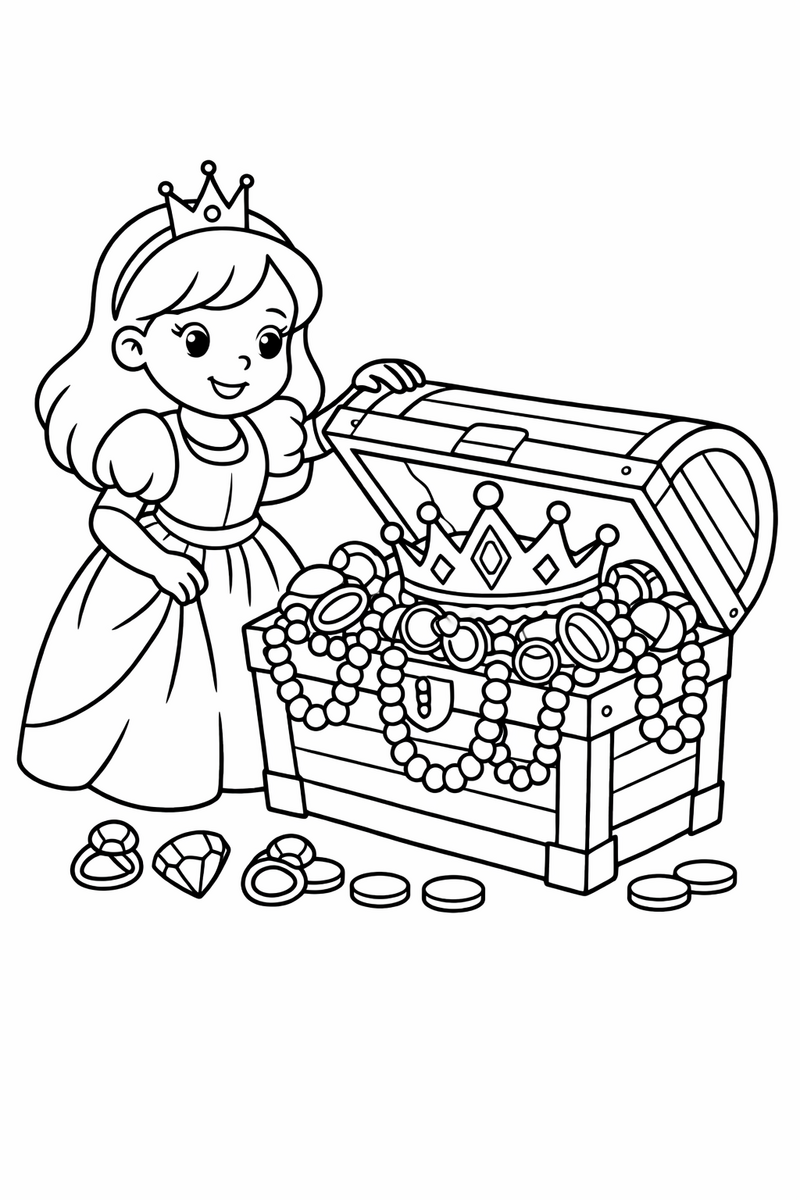 A princess lifting the lid of an overflowing treasure chest full of necklaces rings and a jeweled crown coloring page