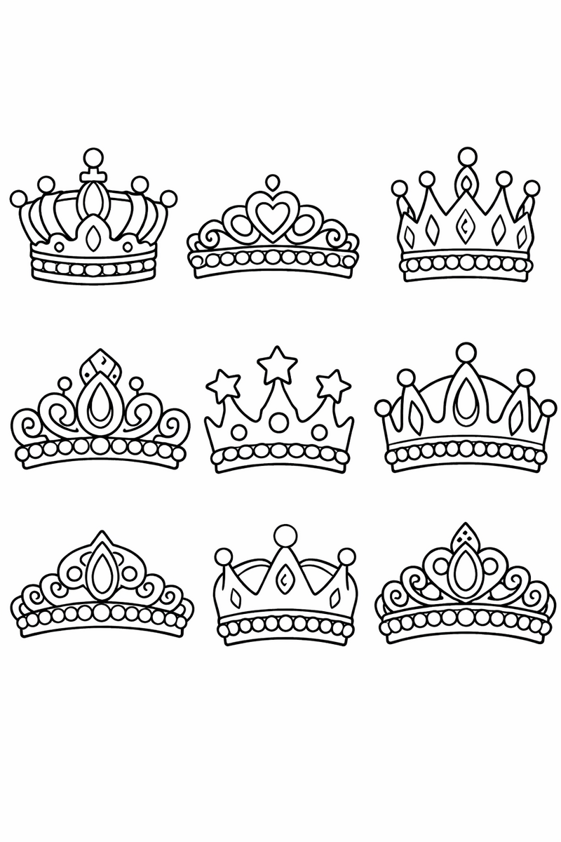 A neat grid of eight different crowns and tiaras each topped with its own points jewels and pearls coloring page