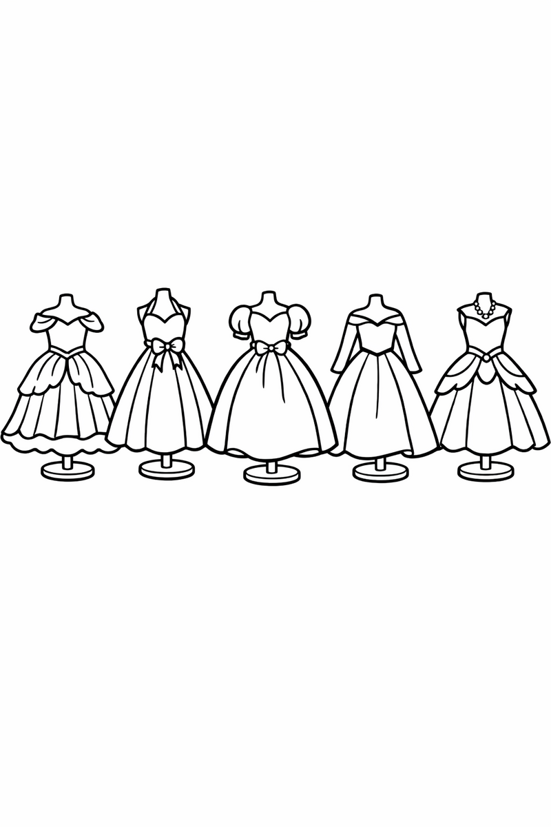 A row of five princess gowns on little stands each with a different neckline sleeve and full flowing skirt coloring page